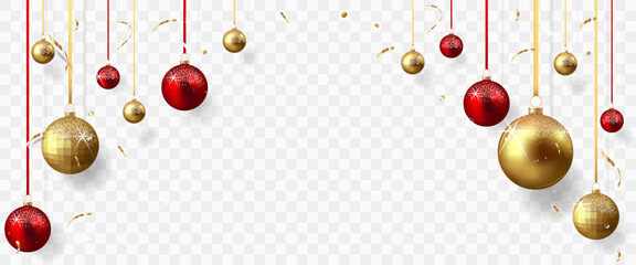 Red and gold christmas balls with shadow isolated on transparent background	