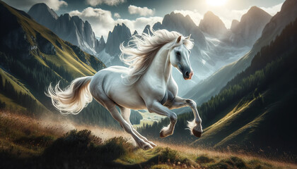 Majestic white horse galloping in alpine mountains at sunset; dynamic motion, flowing mane, dust trail. Premium equestrian hero images with copy space for posters, ads, web banners, branding & design.