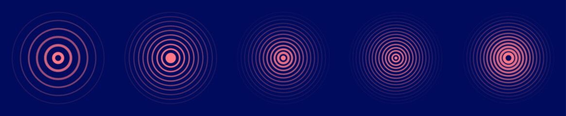 Concentric circle ripple pattern on dark blue background. Abstract neon radial design with glowing wave effect, minimal futuristic target style. Perfect for posters, digital art, or wallpapers.
