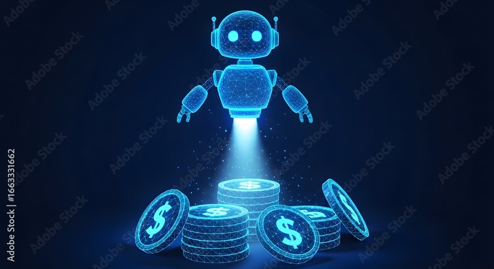 Poster futuristic robot made of glowing blue particles emerging from a stack of coins, symbolizing financia