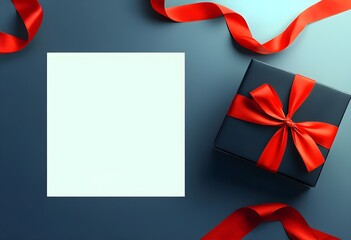 Anniversary Gift: Sleek Black Box Bound with Crimson Satin Ribbon Beside Blank Card, Minimal Elegant Presentation Evoking Celebration, Anticipation, Luxury, and Thoughtful Personalization top view