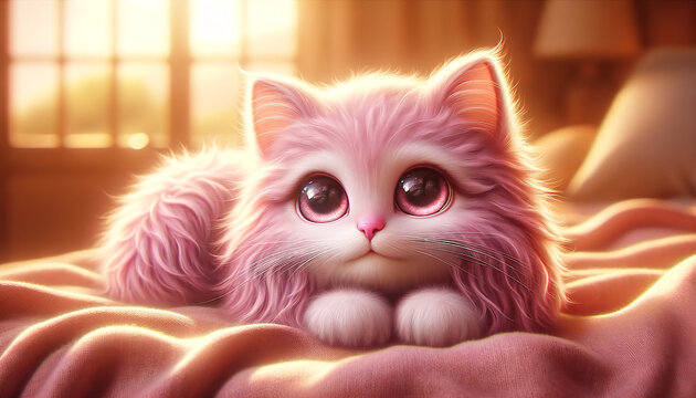 Kawaii pink kitten on bed, warm pastel light, shallow DOF, creamy bokeh, fluffy, big-eyed, with negative space. 16:9 high-res hero for kids branding, toy packaging, nursery, social ads.