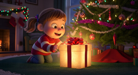 Captivating Christmas Eve: A radiant girl kneels before a glowing present beneath a festively decorated Christmas tree, the enchantment of the season reflected in her wide, expectant eyes and joyful