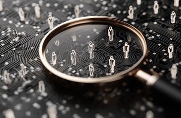 Magnifying glass focusing on digital human figures on a circuit board, representing data analysis and targeting