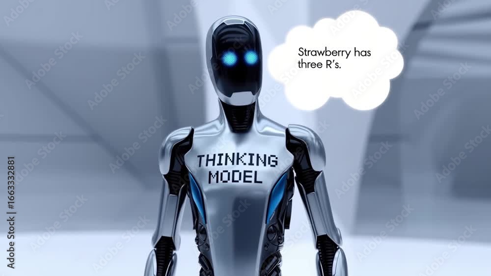 Poster robotic android representing thinking model answering the strawberry question, showcasing the advanc