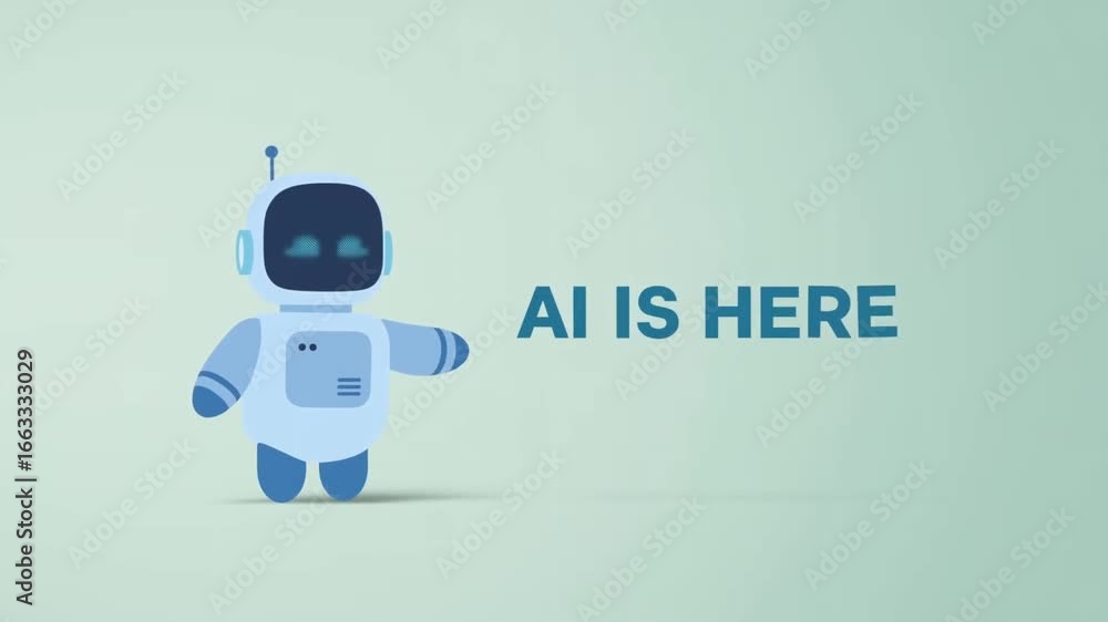 Poster animation, robotic humanoid pointing toward text ai is here, representing technological innovation a