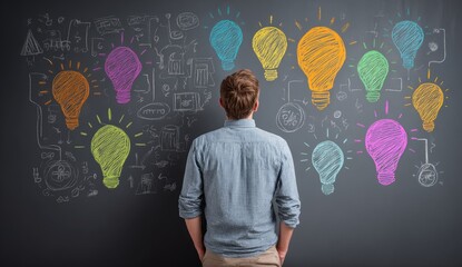 Man facing colorful lightbulb ideas sketched on a blackboard