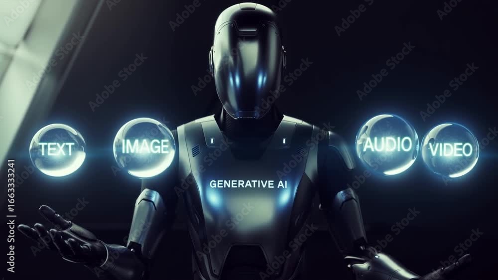 Aufkleber futuristic humanoid robot displaying generative ai capabilities across multiple media formats, highl