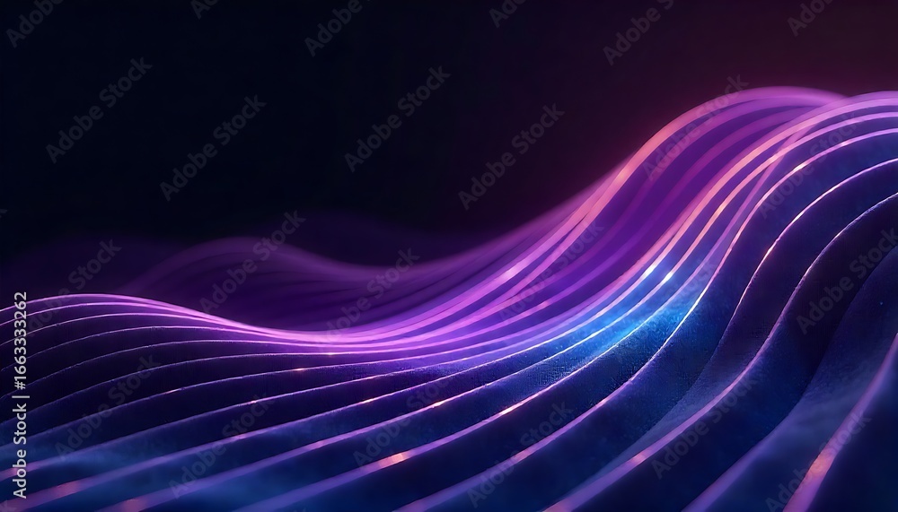 Poster abstract wave pattern with purple and blue light lines in a dark background