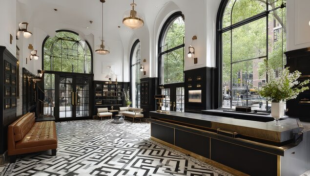 Grand Historic Bank Lobby With Large Windows