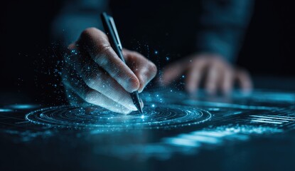 Hand using stylus on futuristic digital interface, creating glowing circular patterns