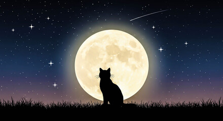 Cat silhouette against full moon and stars.
