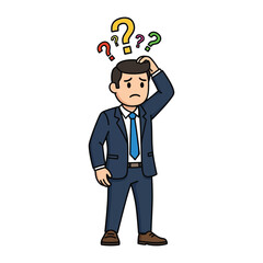Obraz premium Puzzled Reflection: A depicted of the modern businessman in suit, under the weight of confusion, question marks swirling above his head and pondering his mind.
