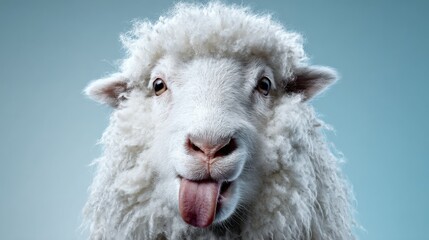 Obraz premium Playful sheep sticking out tongue with fluffy white wool on light blue background