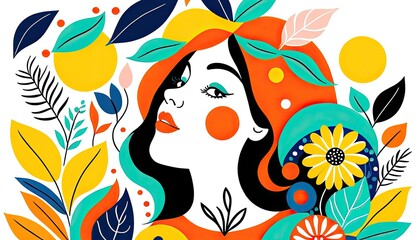 Colorful illustration of a woman surrounded by plants and flowers  