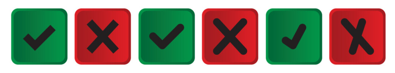 Obraz premium Tick and cross green and red button, 3d vector symbol on transparent background. vector illustration.