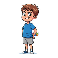 Playful Mischief: An illustration of a young boy with a mischievous grin, hiding a colorful candy, embodying the joyful spirit of childhood and playful secrets.