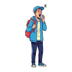 Tired Young Boy with Backpack: A cartoon illustration capturing a sleepy young boy wearing a hat and backpack, yawning, signifying tiredness and the end of a long school day or activity.