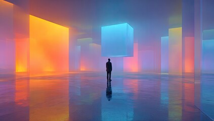 Obraz premium Silhouette figure in a vibrant, futuristic space with glowing geometric shapes and reflective floor