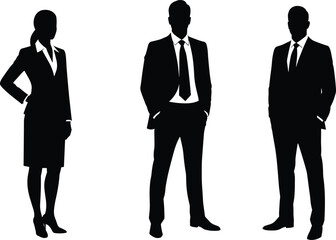 Corporate people in formal wear, standing businessman and businesswoman, office team outline, black suit figures, executive pose illustration, business professionals silhouette vector
