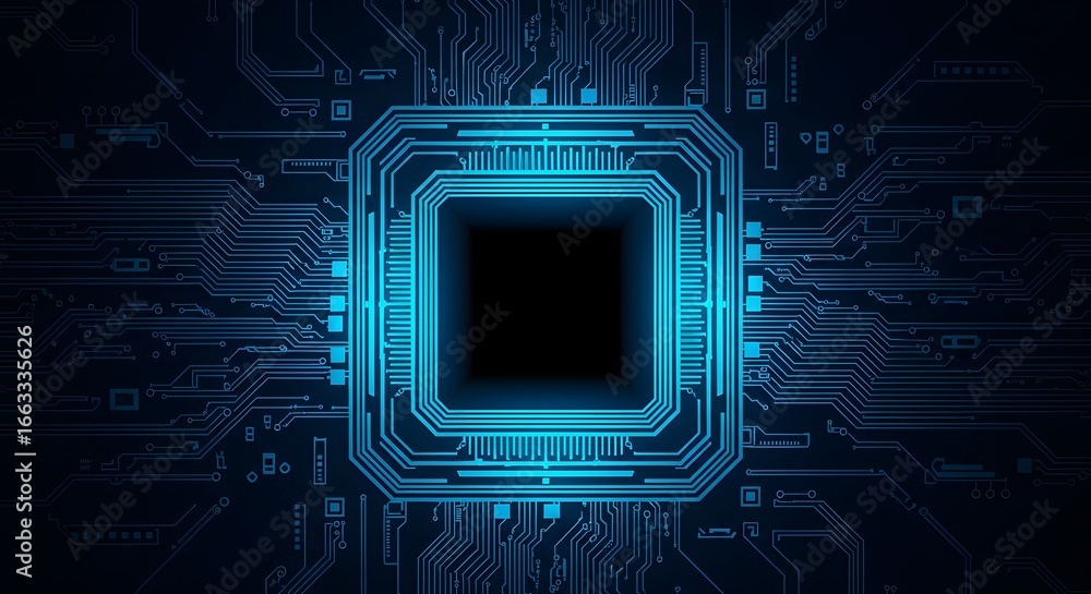 Aufkleber abstract blue glowing processor chip on a dark circuit board background, representing advanced techn