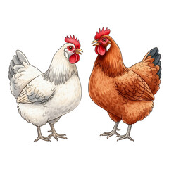 Fototapeta premium Two Colorful Chickens Standing Side by Side Farm Animals Illustration Poultry Livestock Farming