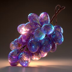 Fototapeta premium Shiny, translucent, purple and blue grapes on a small stem casting bright, diffused light