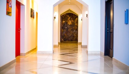 Bright hallway with stone wall