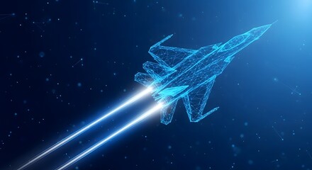 Abstract blue glowing fighter jet made of digital particles, soaring through space with light trails, representing advanced aerospace technology