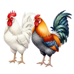 Fototapeta premium Two Roosters Standing Side by Side Colorful Feathers Farm Animals Poultry Rural Scene