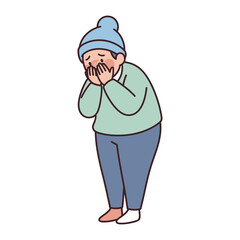 Unwell Person Feeling Sick: Depicting an illustrated man in a beanie, clutching his face while hunched over, epitomizes the discomfort of feeling under the weather.
