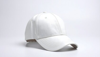 A clean, white baseball cap is displayed on a white surface, angled slightly to the left, showcasing its simple design.