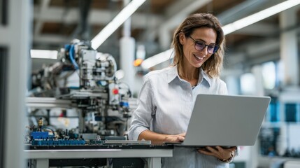 engineer using laptop near smart factory