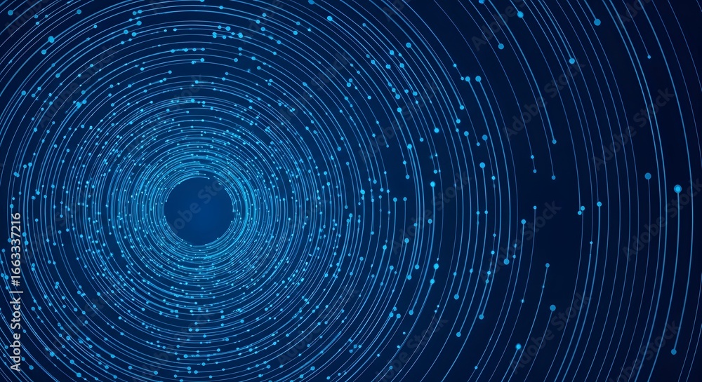 Poster abstract blue digital tunnel with glowing particles and lines, representing data flow and technology