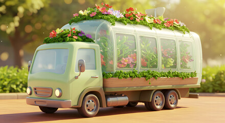 A whimsical illustration showcases a light green truck transformed into a mobile greenhouse adorned with a vibrant array of flowers and lush greenery, evoking themes of sustainable living and