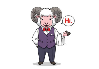 Cartoon ram waiter saying hi