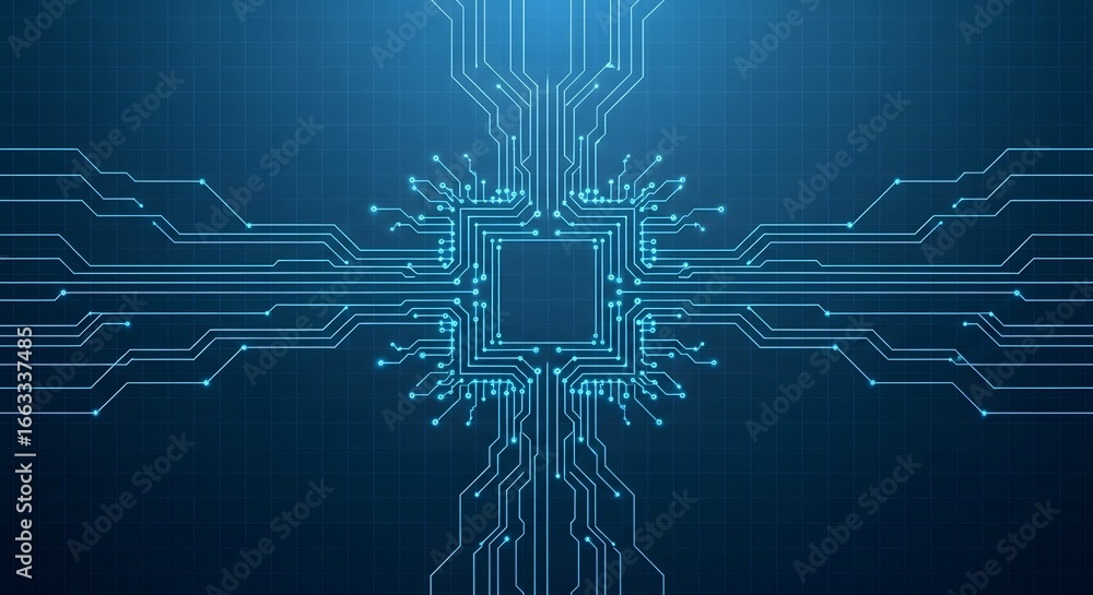 Poster abstract blue glowing circuit board with a central processor and radiating connections, representing
