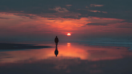 One man gazing at the setting sun from a beach