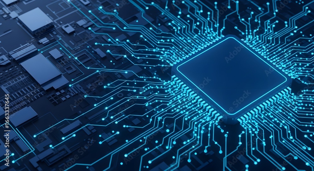 Poster closeup of a glowing blue computer processor chip on a complex circuit board, highlighting advanced 