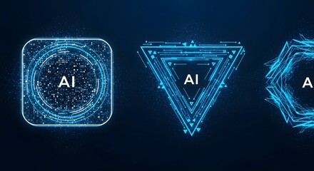 Abstract digital ai symbols in geometric shapes, representing artificial intelligence, technology, and future innovation with glowing blue particles on a dark background
