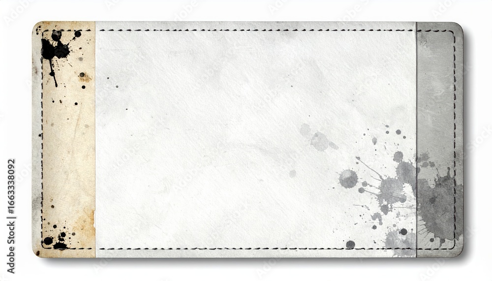 Aufkleber an abstract vintage paper card with ink splatters and decorative stitching around the edges is perfe