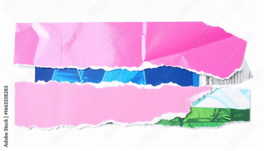 Aufkleber torn fragments of pink and blue paper overlap to create an abstract collage on a white surface, prov