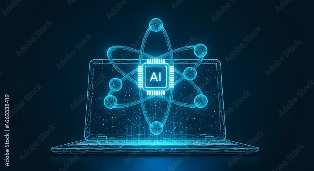 Aufkleber artificial intelligence ai chip glowing on a futuristic laptop screen with an atomic structure, repr
