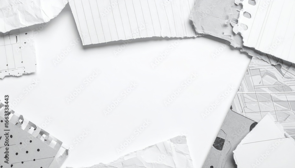 Aufkleber various white paper scraps are arranged around a central blank space providing a textured background