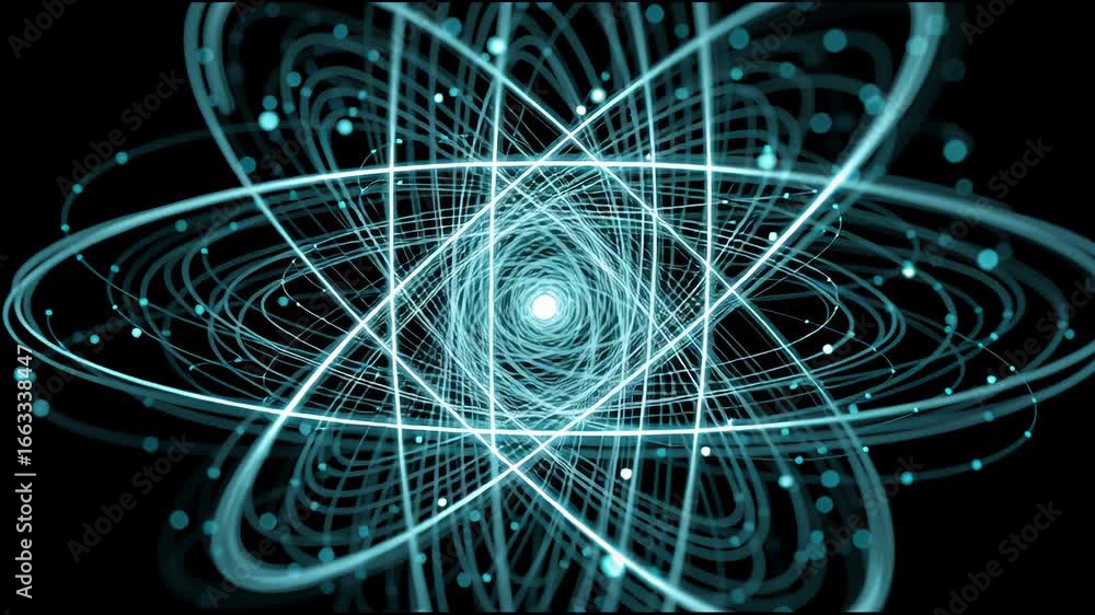 Poster visual representation of atomic structure showcasing electrons orbiting around a nucleus in a captiv