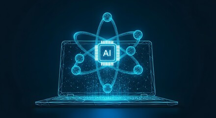 Artificial intelligence ai chip glowing on a futuristic laptop screen with an atomic structure, representing advanced technology and machine learning in a digital network