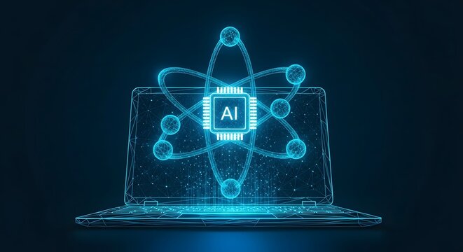 Artificial intelligence ai chip glowing on a futuristic laptop screen with an atomic structure, representing advanced technology and machine learning in a digital network - Powered by Adobe