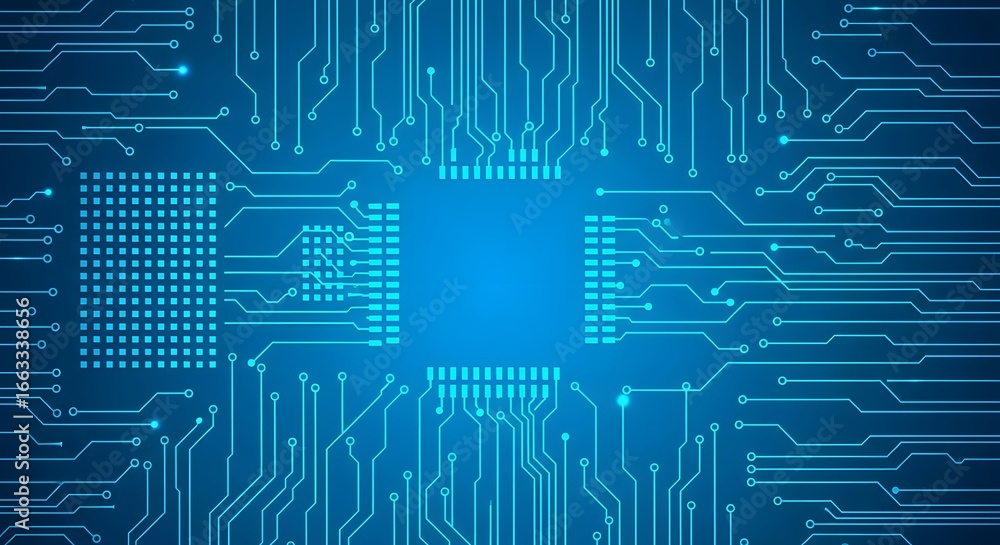 Aufkleber closeup view of a blue glowing digital circuit board with intricate pathways and components, symboli