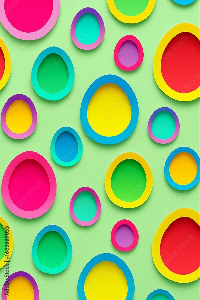 Poster vibrant colorful and playful circular shapes arranged in a scattered pattern on a light green backgr