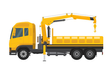 Yellow truck with mobile crane with long boom and hook, isolated on white background. Used for construction and heavy lifting. Vector illustration EPS 10.